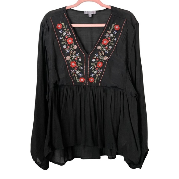 Umgee Tops - Umgee Top Womens 1XL Black Floral Embroidered Babydoll Blouse Boho Cottagecore